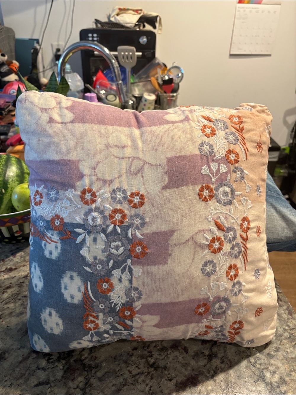 Macy's Floral Embroidered Decorative Pillow in Peach, Lavender, Orange and Gray - Picture 2 of 4